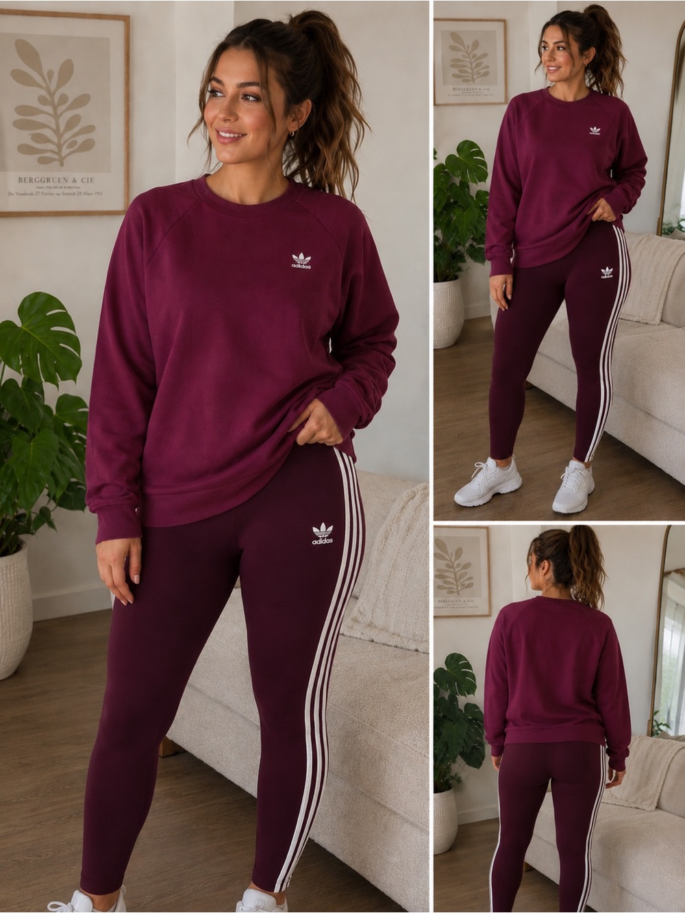 adidas Women's Burgundy Track Sweatshirt & Stripe Leggings